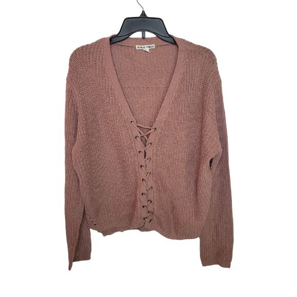 Moral Fiber Cardigan Sweater Pink V-Neck Knit Lace Up Long Sleeve Womens Size XL - Picture 1 of 10